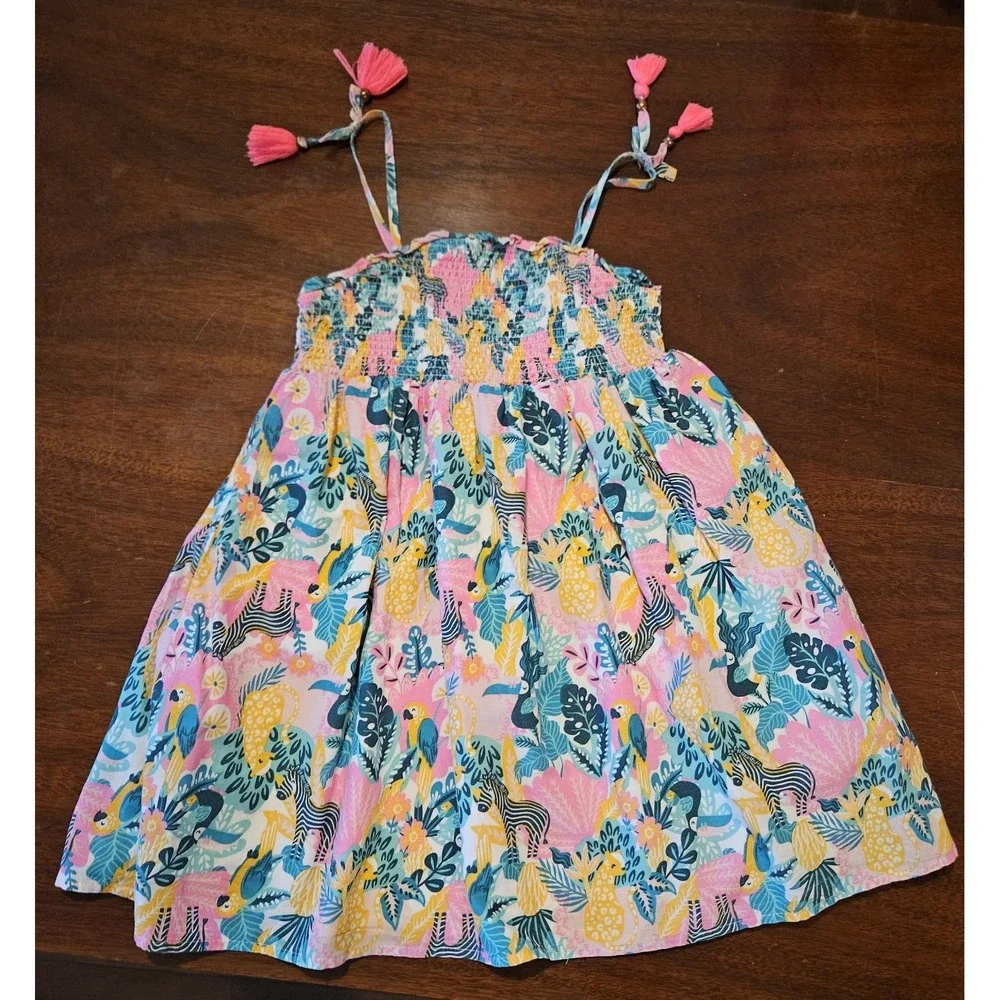 Tommy Bahama Floral Babydoll Sun Dress Tropical Print Girls Size 5 Zebra Tassels